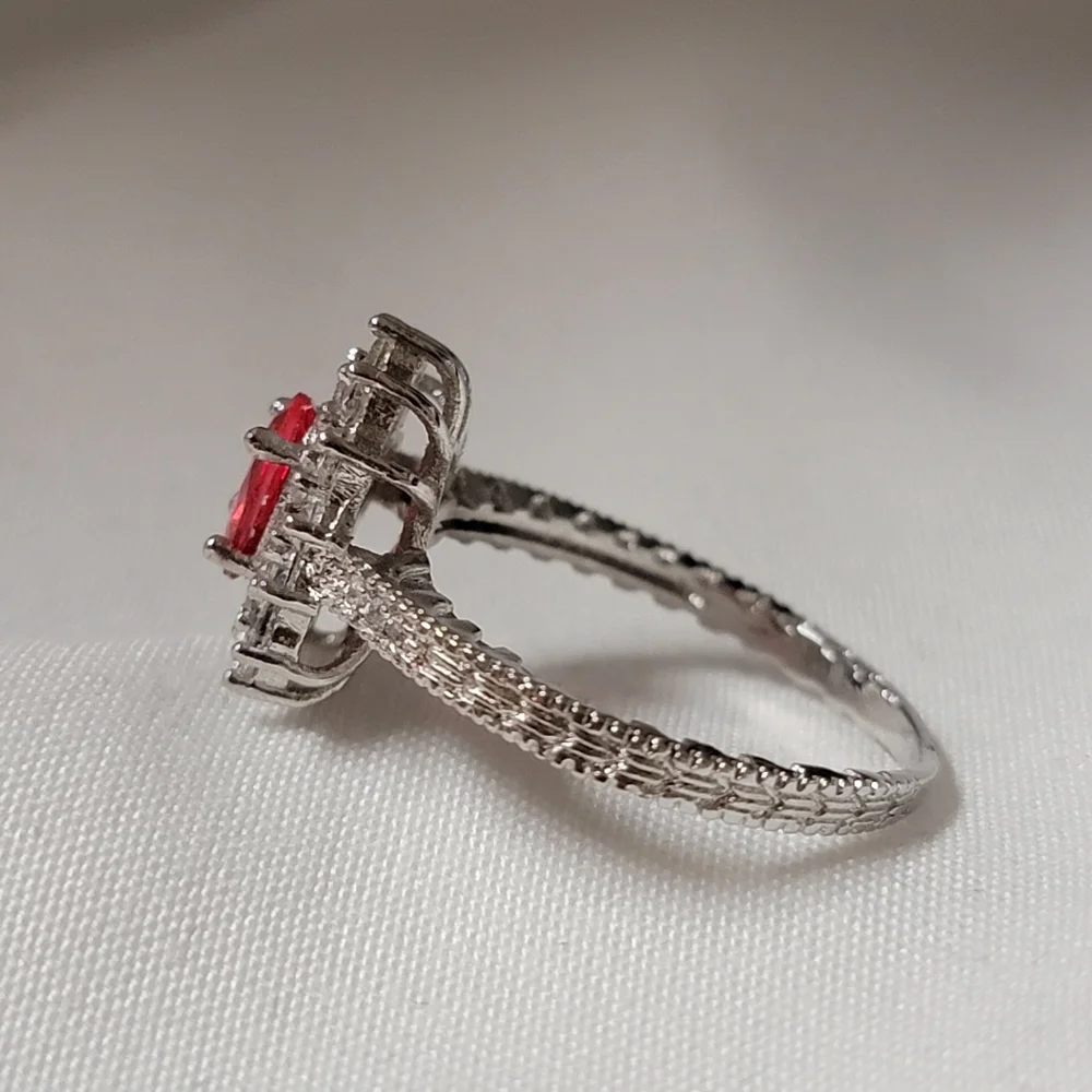 Gorgeous Halo Ruby and White Sapphire Simulated Stone Silver Tone Ring